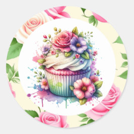 Shabby Chic Bloemen Verjaardag Cupcake Ronde Sticker