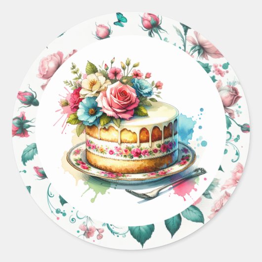 Shabby Chic Bloemen Verjaardagstaart Ronde Sticker (Voorkant)