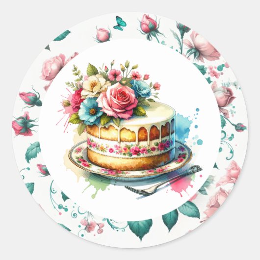 Shabby Chic Bloemen Verjaardagstaart Ronde Sticker (Voorkant)