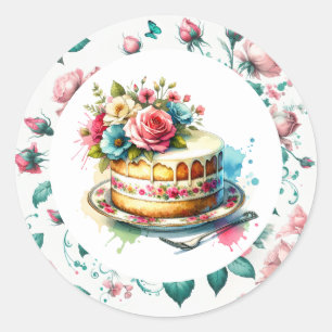 Shabby Chic Bloemen Verjaardagstaart Ronde Sticker