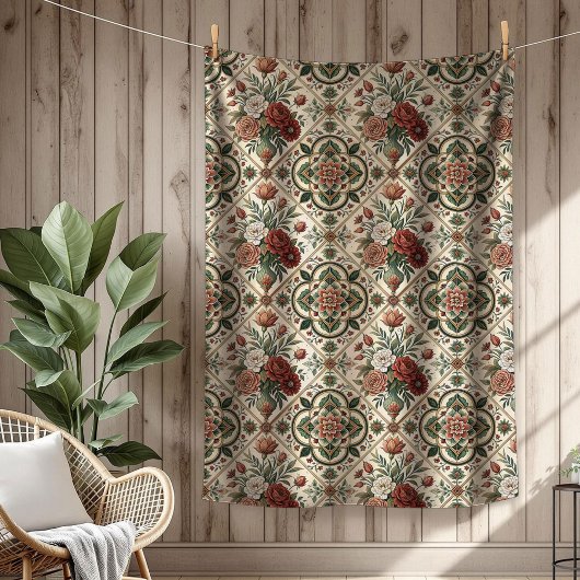 Shabby Chic Bloemendeken met Rode Rozen Tegels Fleece Deken