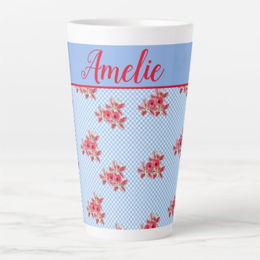 Shabby Chic Blue Floral Lily Gingham Latte Mok (Voorkant)