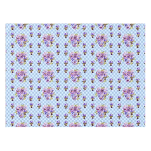 Shabby Chic Blue Gingham Pansy Bloemen Tafelkleed (Voorkant (Horizontaal))