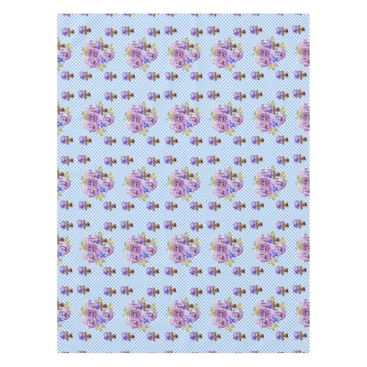 Shabby Chic Blue Gingham Pansy Bloemen Tafelkleed (Voorkant)