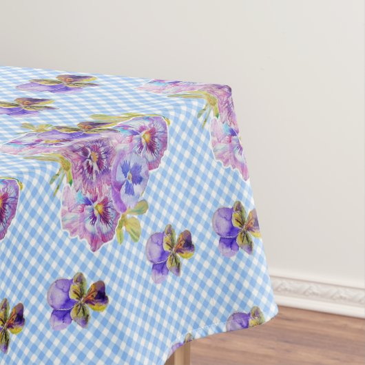 Shabby Chic Blue Gingham Pansy Bloemen Tafelkleed (Voorbeeld)