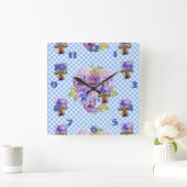 Shabby Chic Blue Pansies Pansy Floral Check Clock Vierkante Klok (Huis)