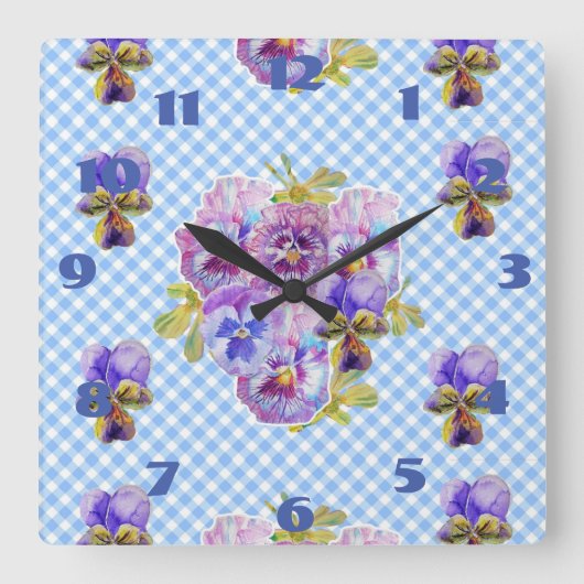 Shabby Chic Blue Pansies Pansy Floral Check Clock Vierkante Klok (Voorkant)