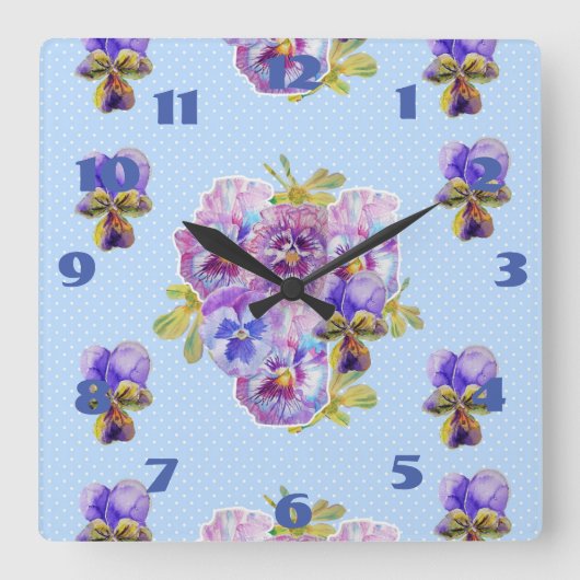 Shabby Chic Blue Pansies Pansy Floral Dot Clock Vierkante Klok (Voorkant)