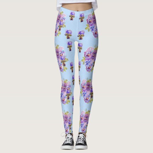Shabby Chic Blue Pansy Floral Dot Leggings (Voorkant)