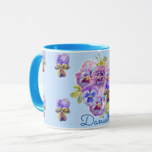 Shabby Chic Blue Pansy Floral Polka Dot Mok