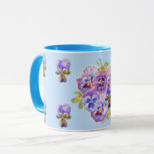Shabby Chic Blue Pansy Floral Polka Mok
