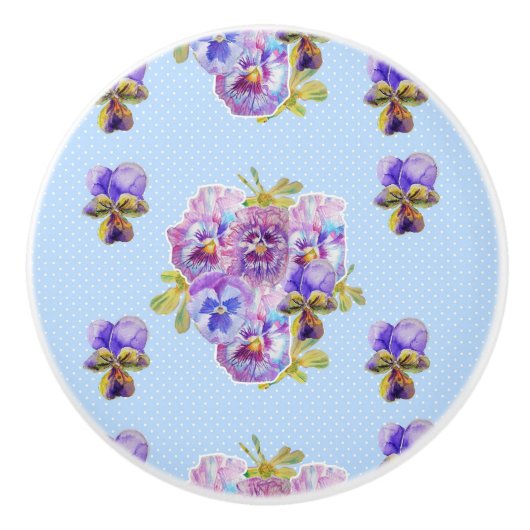Shabby Chic Blue Pansy Keramische Knop (Voorkant)