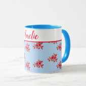 Shabby Chic Blue Red Floral Lily Gingham Art Mok (Voorkant rechts)