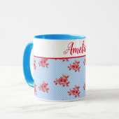Shabby Chic Blue Red Floral Lily Gingham Art Mok (Voorkant links)