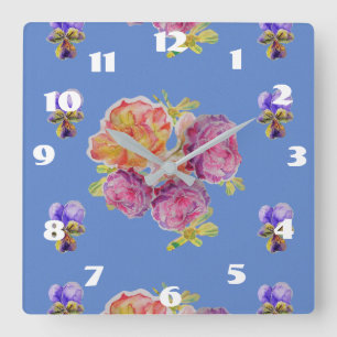 Shabby Chic Blue Rozen Roos Floral Room Clock Vierkante Klok