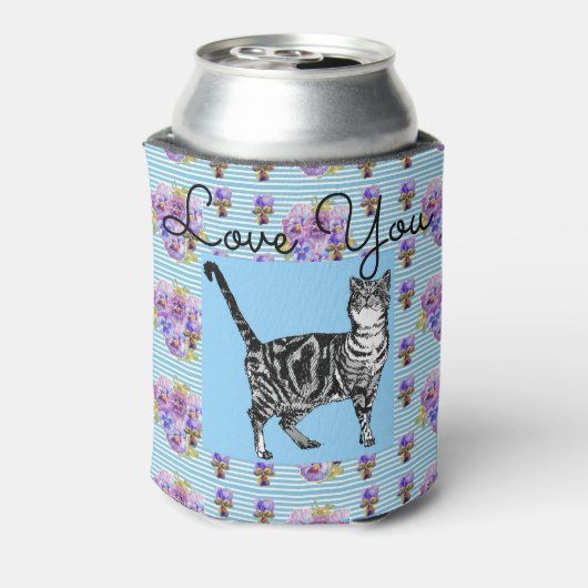 Shabby Chic Blue Stripe Tabby Cat Love Heart Blikjeskoeler (Blikje Achterkant)
