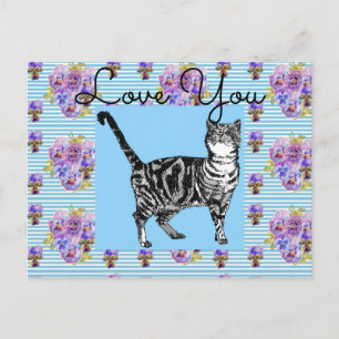 Shabby Chic Blue Stripe Tabby Cat Love Heart Briefkaart