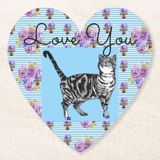Shabby Chic Blue Stripe Tabby Cat Love Heart Kartonnen Onderzetters (Voorkant)