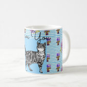 Shabby Chic Blue Stripe Tabby Cat Love Heart Koffiemok (Voorkant rechts)