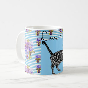 Shabby Chic Blue Stripe Tabby Cat Love Heart Koffiemok