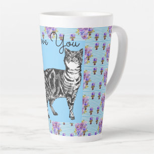 Shabby Chic Blue Stripe Tabby Cat Love Heart Latte Mok