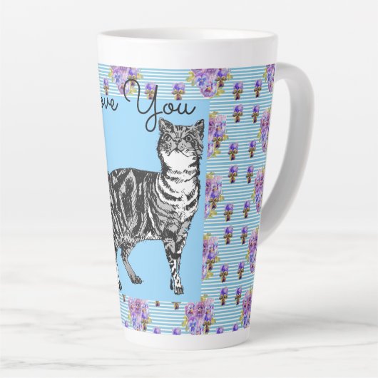 Shabby Chic Blue Stripe Tabby Cat Love Heart Latte Mok (Rechterhoek)