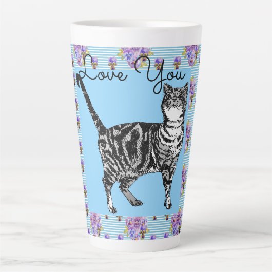 Shabby Chic Blue Stripe Tabby Cat Love Heart Latte Mok (Voorkant)