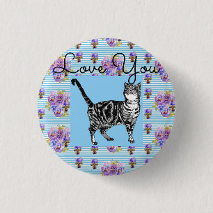 Shabby Chic Blue Stripe Tabby Cat Love Heart Ronde Button 3,2 Cm