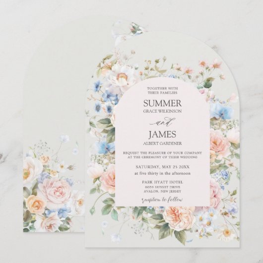 Shabby Chic Blush Blauw Witte Bloemen Bloem Huweli Kaart (Voorkant / Achterkant)