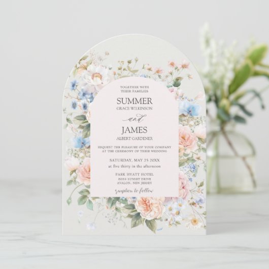 Shabby Chic Blush Blauw Witte Bloemen Bloem Huweli Kaart (Staand voorkant)