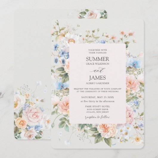 Shabby Chic Blush Blauw Witte Bloemen Bloem Huweli Kaart (Voorkant / Achterkant)