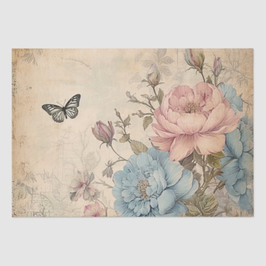 Shabby Chic Blush Blauwe Pioenen Vlinder Tissuepapier (Voorkant)