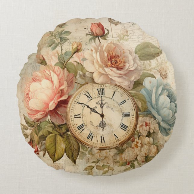 Shabby Chic  Blush Blue Rozen Bloemenklok Rond Kussen (Voorkant)