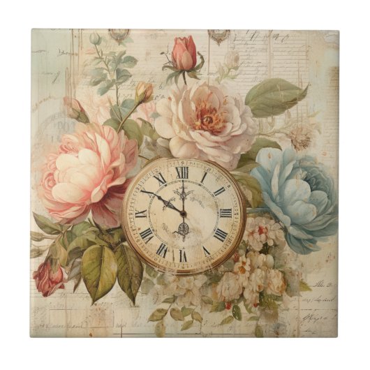 Shabby Chic  Blush Blue Rozen Bloemenklok Tegeltje (Voorkant)
