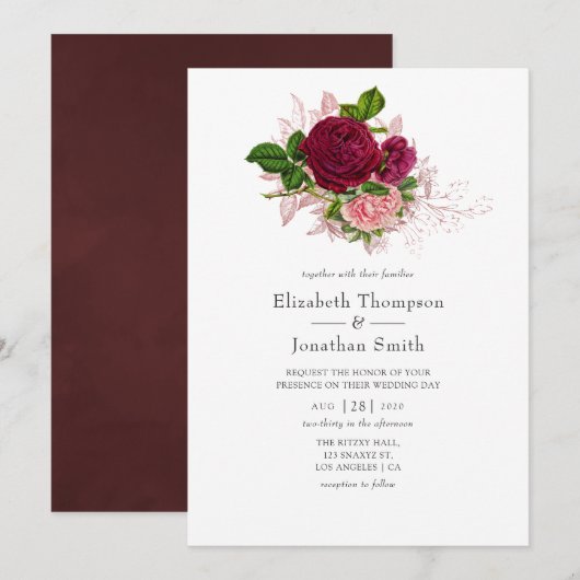  Shabby-Chic Blush en Bourgundy Wedding Kaart (Voorkant / Achterkant)