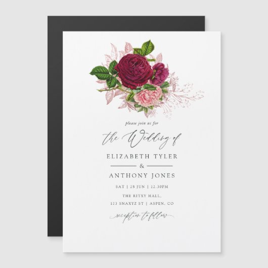 Shabby-Chic Blush en Bourgundy Wedding Magnetische Uitnodiging (Voorkant / Achterkant)