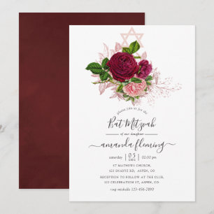 Shabby-Chic Blush en Burgundy Bat Mitzvah Kaart