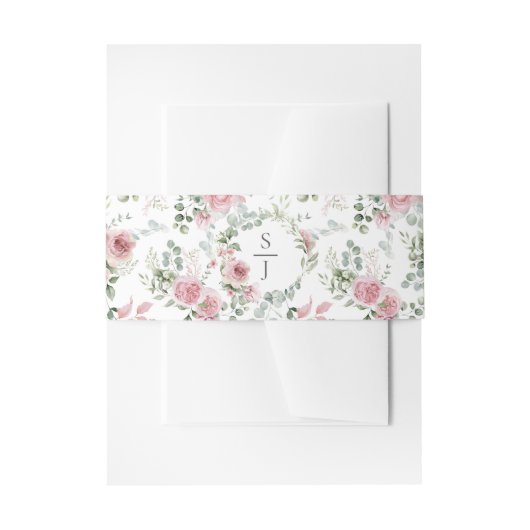 Shabby Chic Blush Pink Roses Greenery Monogram Uitnodigingen Wikkel (Voorkant Voorbeeld)