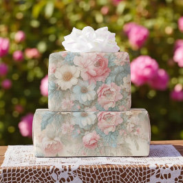 Shabby Chic Blush Pink Sage Green Boho Floral Roos Cadeaupapier