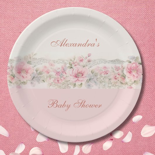Shabby Chic Blush Roze Bloemen Baby shower Papieren Bordje