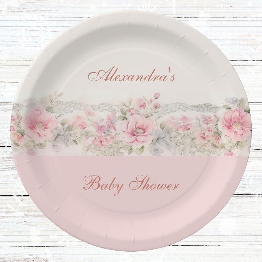 Shabby Chic Blush Roze Bloemen Baby shower Papieren Bordje