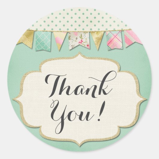 Shabby Chic Boutique Bunting in Roze Dank je Ronde Sticker (Voorkant)