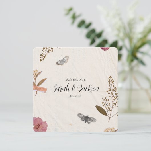 Shabby Chic bruiloft geperste bloemen Save The Date (Staand voorkant)