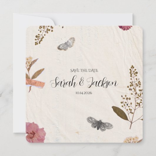 Shabby Chic bruiloft geperste bloemen Save The Date (Voorkant)