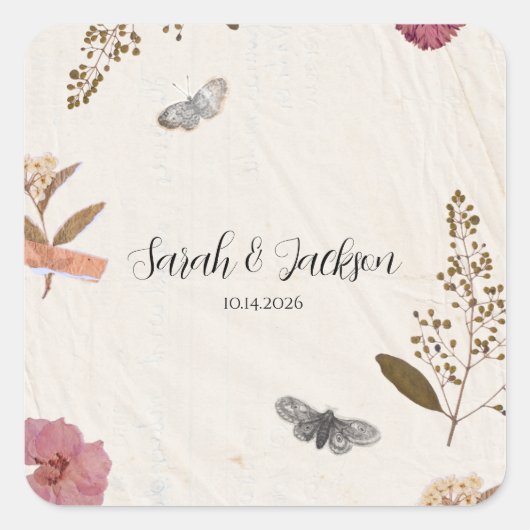 Shabby Chic bruiloft geperste bloemen Vierkante Sticker (Voorkant)