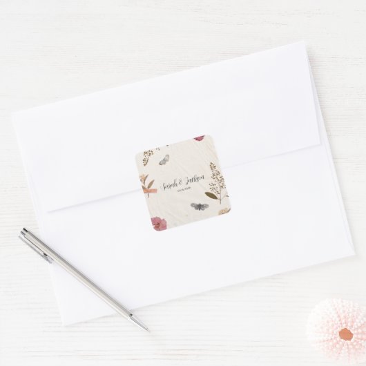 Shabby Chic bruiloft geperste bloemen Vierkante Sticker (Envelop)