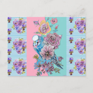 Shabby Chic Budgie Pastel Blauwe Streep Kunst Ansi Briefkaart