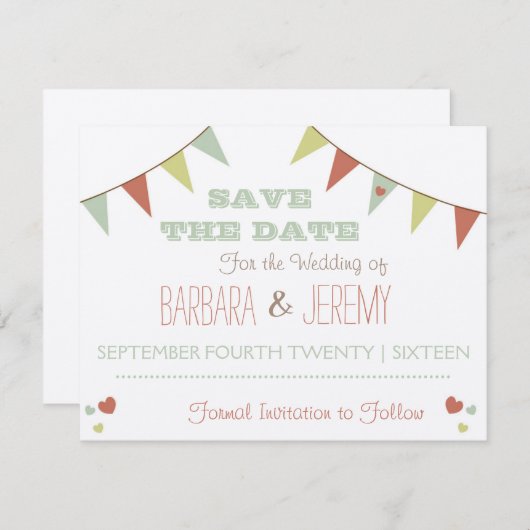 Shabby Chic Bunting Bewaar de datum Save The Date (Voorkant / Achterkant)