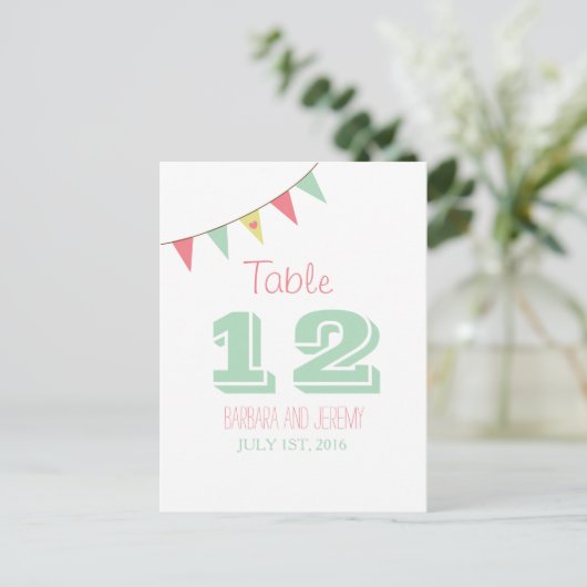 Shabby Chic Bunting Table Number Roze en Mint Briefkaart (Staand voorkant)