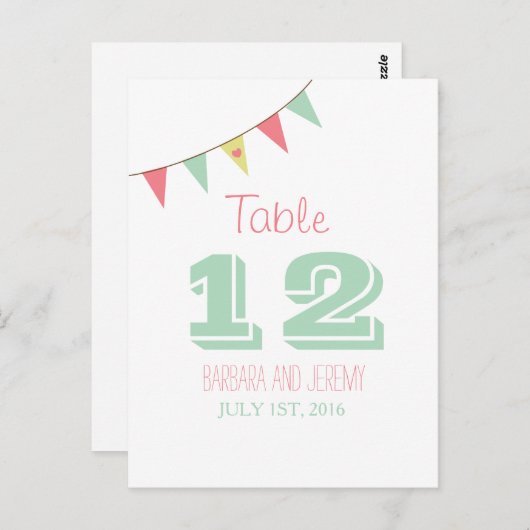Shabby Chic Bunting Table Number Roze en Mint Briefkaart (Voorkant / Achterkant)